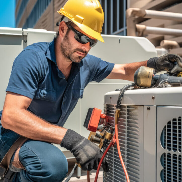 Technician working on air conditioning outdoor unit on hot sunny day. HVAC worker professional occupation. Generative AI