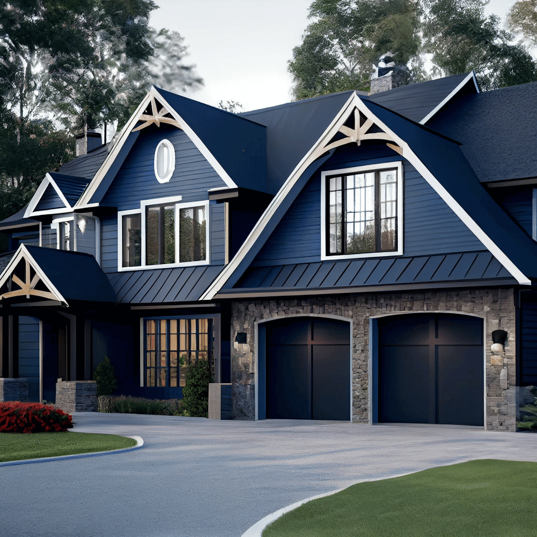 Luxurious new construction home, modern style home two car garage, blue siding natural stone wall, generative ai